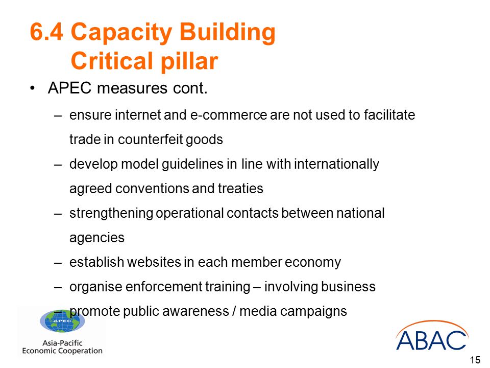 6.4 Capacity Building Critical pillar APEC measures cont.