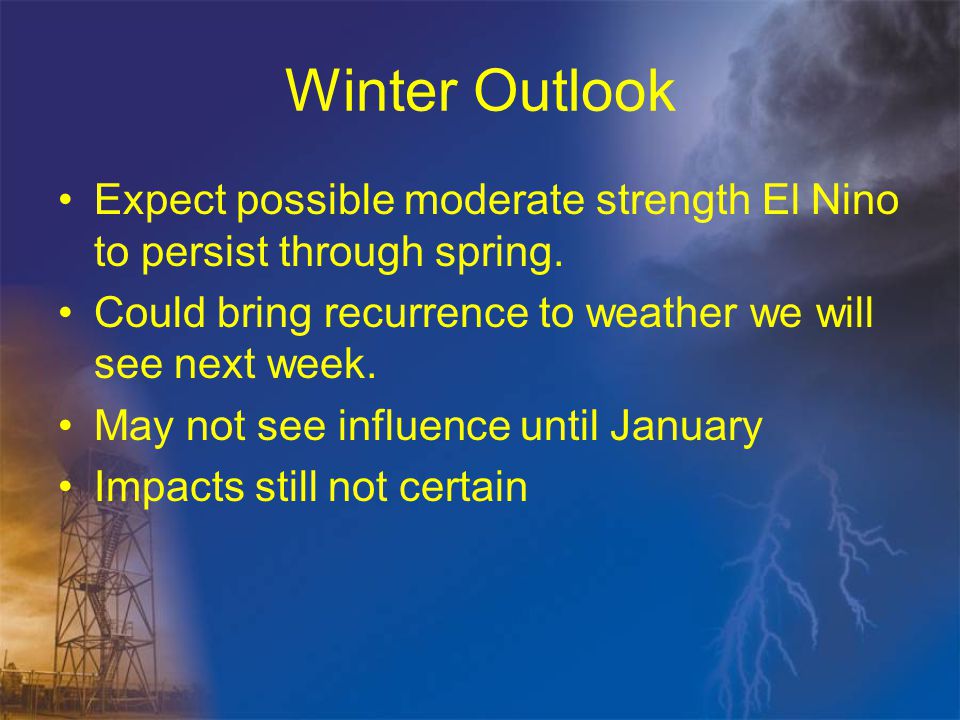 Winter Outlook Expect possible moderate strength El Nino to persist through spring.