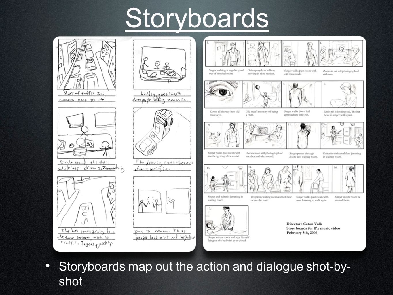 Storyboards Storyboards map out the action and dialogue shot-by- shot
