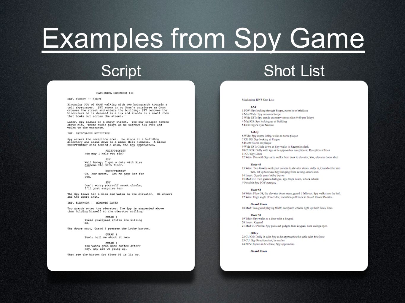 Examples from Spy Game ScriptShot List