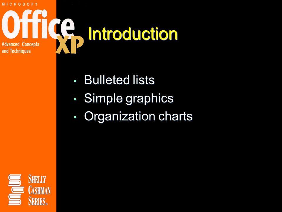 Introduction Bulleted lists Bulleted lists Simple graphics Simple graphics Organization charts Organization charts