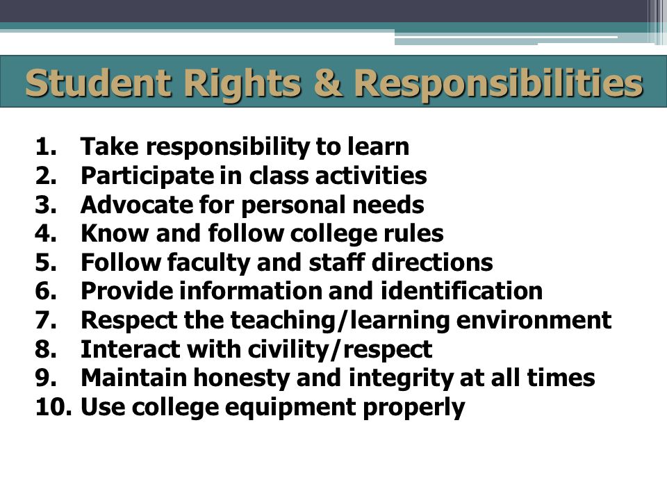 Student Rights & Responsibilities 1.Take responsibility to learn 2.Participate in class activities 3.Advocate for personal needs 4.Know and follow college rules 5.Follow faculty and staff directions 6.Provide information and identification 7.Respect the teaching/learning environment 8.Interact with civility/respect 9.Maintain honesty and integrity at all times 10.Use college equipment properly