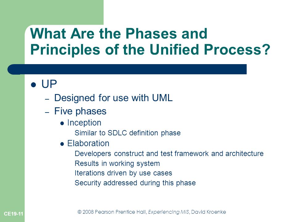© 2008 Pearson Prentice Hall, Experiencing MIS, David Kroenke CE19-11 What Are the Phases and Principles of the Unified Process.