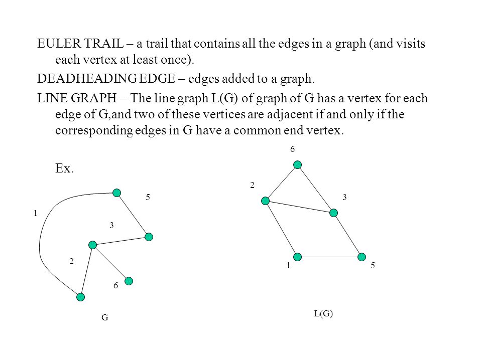 EULER TRAIL – a trail that contains all the edges in a graph (and visits each vertex at least once).