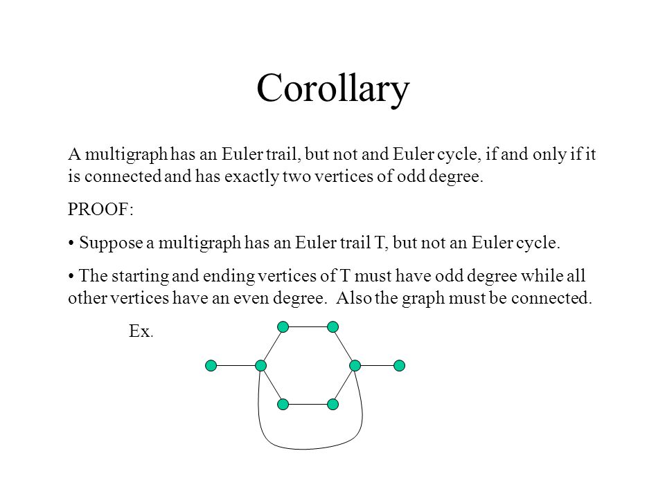 Corollary A multigraph has an Euler trail, but not and Euler cycle, if and only if it is connected and has exactly two vertices of odd degree.
