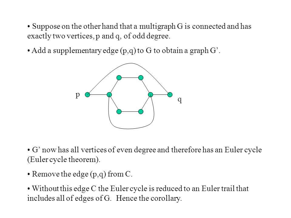 Suppose on the other hand that a multigraph G is connected and has exactly two vertices, p and q, of odd degree.