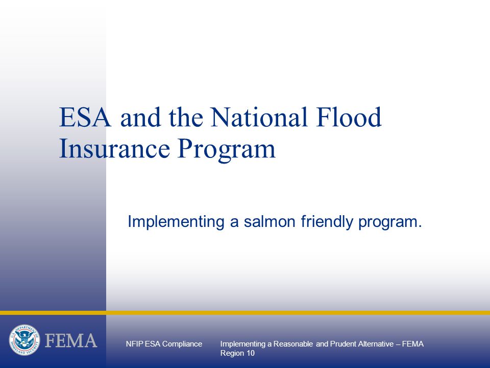 NFIP ESA ComplianceImplementing a Reasonable and Prudent Alternative – FEMA Region 10 ESA and the National Flood Insurance Program Implementing a salmon friendly program.