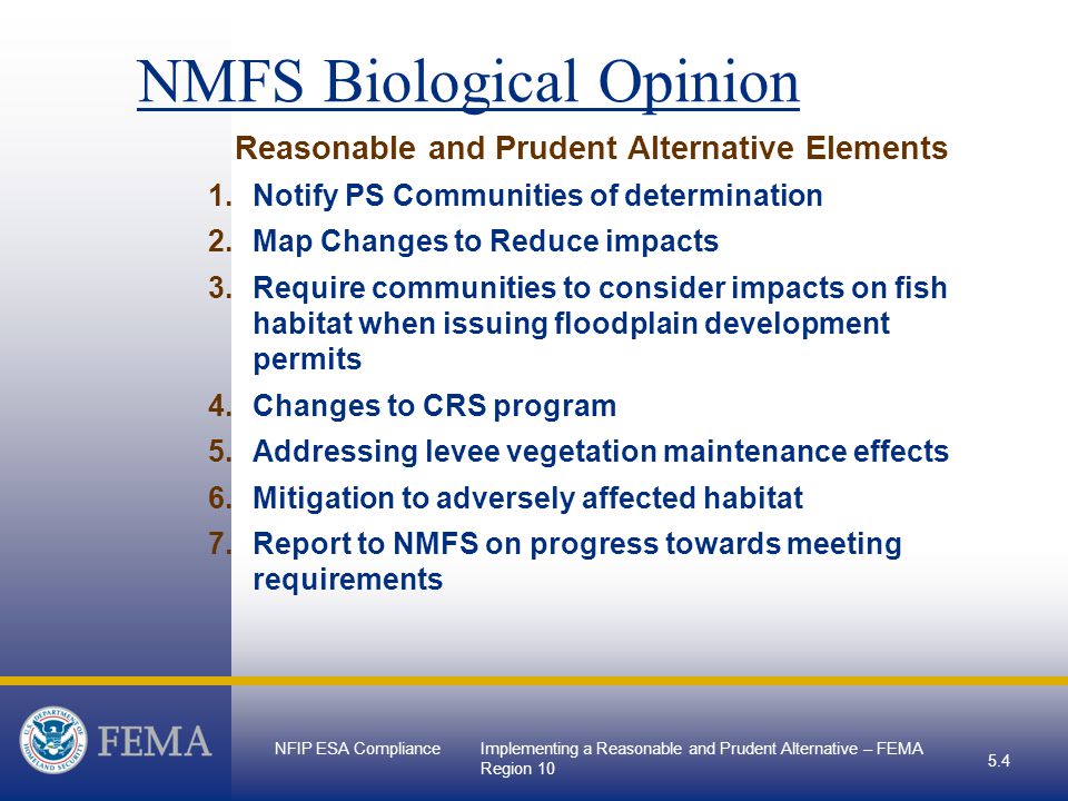 NFIP ESA ComplianceImplementing a Reasonable and Prudent Alternative – FEMA Region Reasonable and Prudent Alternative Elements 1.Notify PS Communities of determination 2.Map Changes to Reduce impacts 3.Require communities to consider impacts on fish habitat when issuing floodplain development permits 4.Changes to CRS program 5.Addressing levee vegetation maintenance effects 6.Mitigation to adversely affected habitat 7.Report to NMFS on progress towards meeting requirements NMFS Biological Opinion