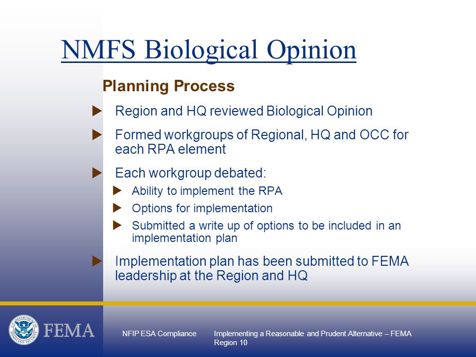 NFIP ESA ComplianceImplementing a Reasonable and Prudent Alternative – FEMA Region 10 Planning Process  Region and HQ reviewed Biological Opinion  Formed workgroups of Regional, HQ and OCC for each RPA element  Each workgroup debated:  Ability to implement the RPA  Options for implementation  Submitted a write up of options to be included in an implementation plan  Implementation plan has been submitted to FEMA leadership at the Region and HQ NMFS Biological Opinion