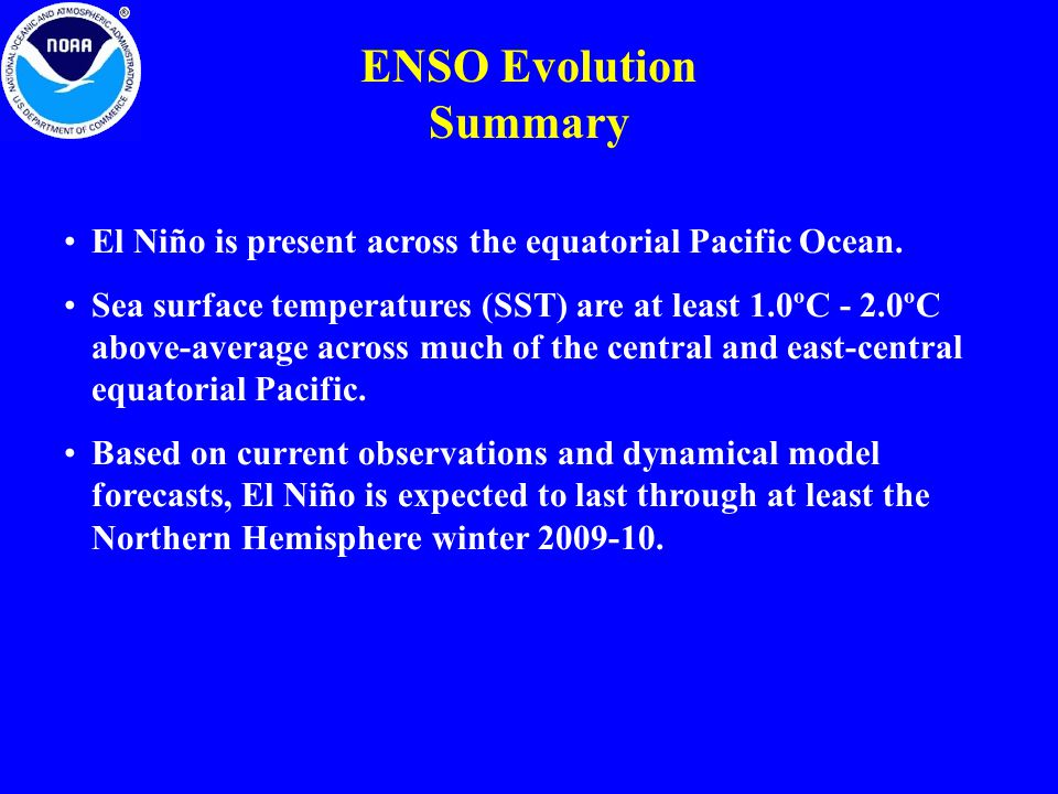ENSO Evolution Summary El Niño is present across the equatorial Pacific Ocean.