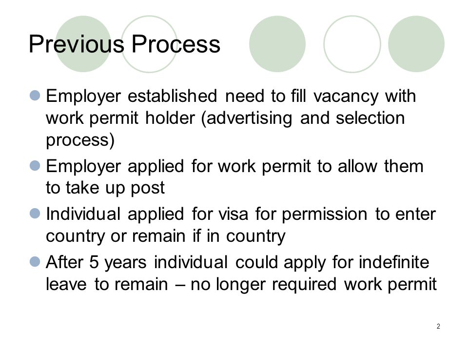 2 Previous Process Employer established need to fill vacancy with work permit holder (advertising and selection process) Employer applied for work permit to allow them to take up post Individual applied for visa for permission to enter country or remain if in country After 5 years individual could apply for indefinite leave to remain – no longer required work permit
