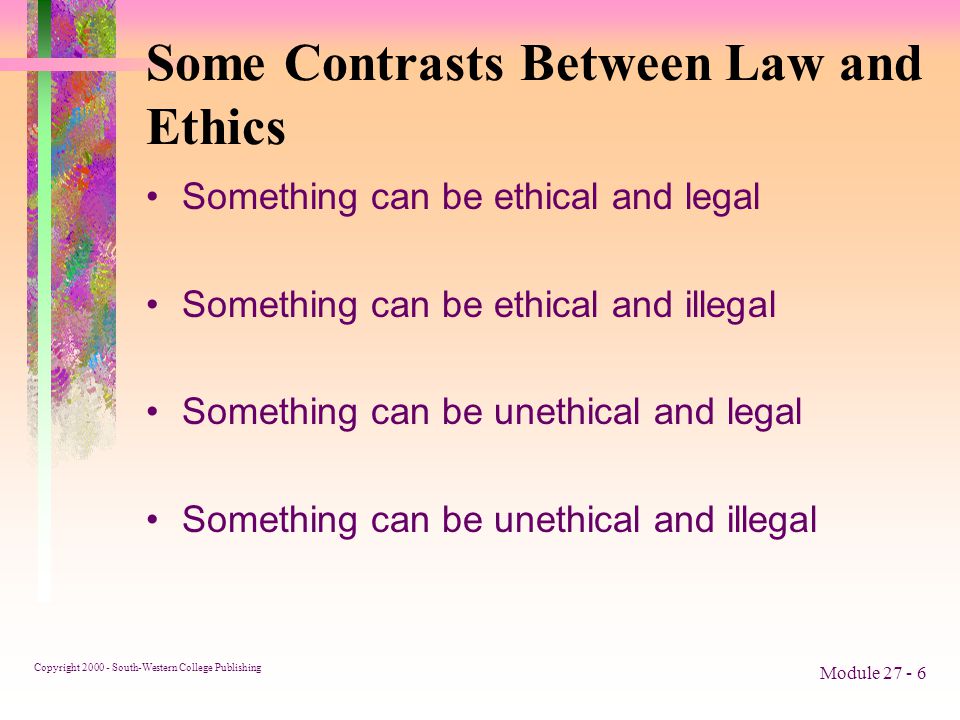 Copyright South-Western College Publishing Module Some Contrasts Between Law and Ethics Something can be ethical and legal Something can be ethical and illegal Something can be unethical and legal Something can be unethical and illegal
