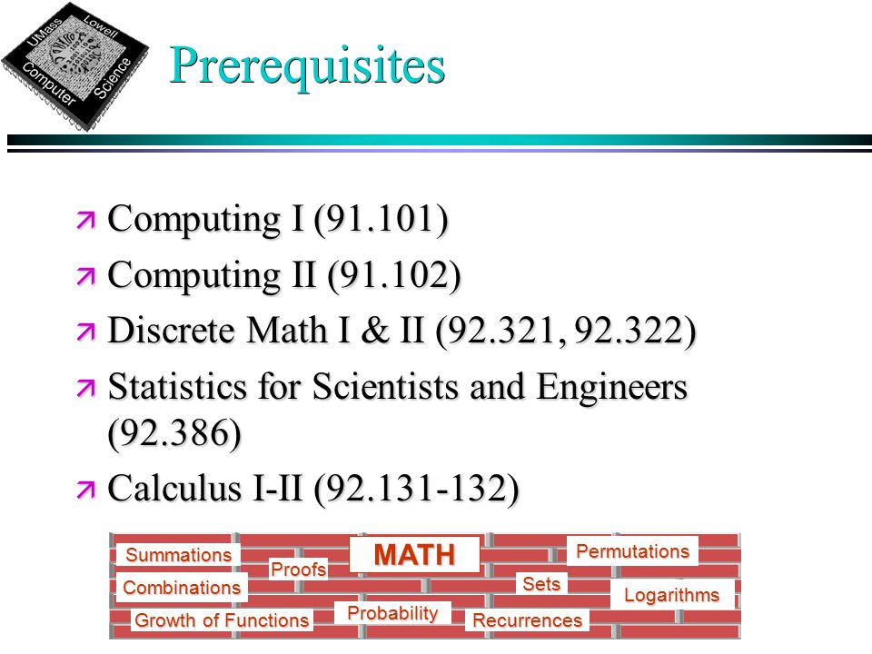 Prerequisites ä Computing I (91.101) ä Computing II (91.102) ä Discrete Math I & II (92.321, ) ä Statistics for Scientists and Engineers (92.386) ä Calculus I-II ( ) Growth of Functions Summations Recurrences Sets Probability MATH Proofs Logarithms Permutations Combinations