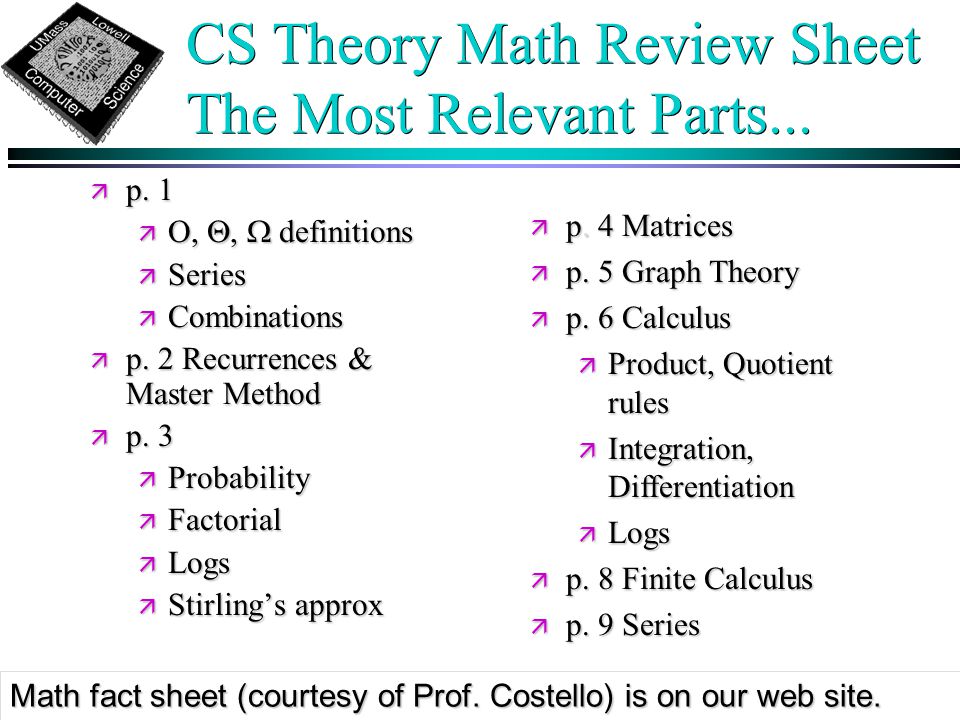 CS Theory Math Review Sheet The Most Relevant Parts...
