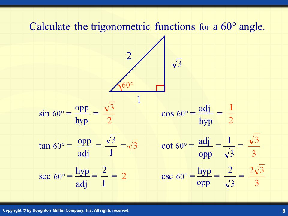 8 Calculate the trigonometric functions for a 60  angle.