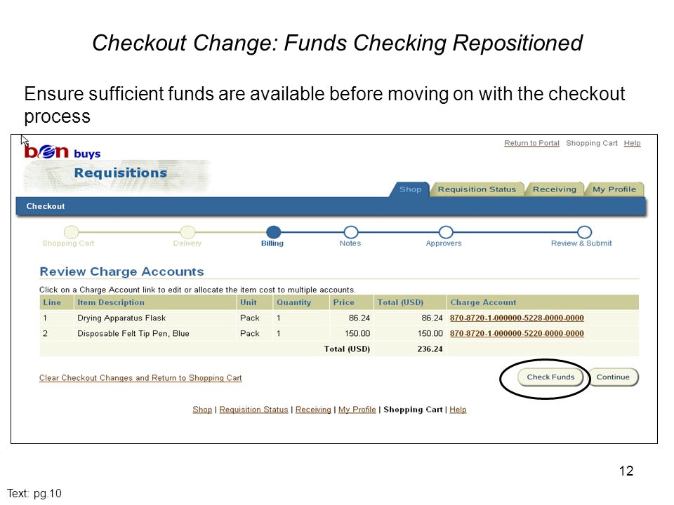 12 Checkout Change: Funds Checking Repositioned Ensure sufficient funds are available before moving on with the checkout process Text: pg.10