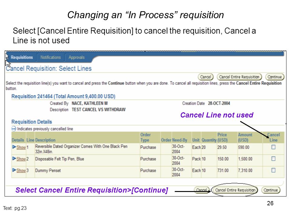 26 Changing an In Process requisition Text: pg.23 Cancel Line not used Select Cancel Entire Requisition>[Continue] Select [Cancel Entire Requisition] to cancel the requisition, Cancel a Line is not used