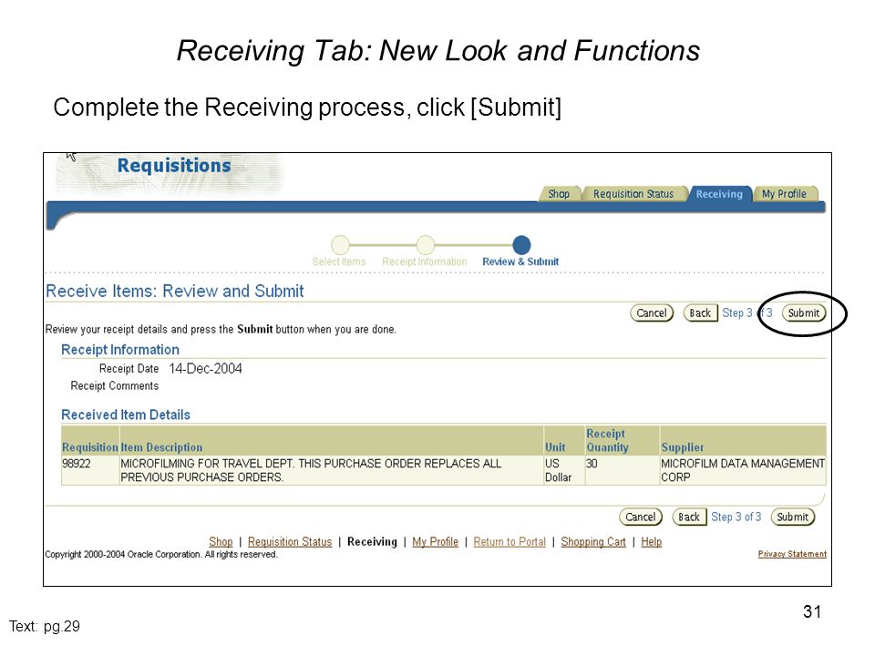 31 Receiving Tab: New Look and Functions Text: pg.29 Complete the Receiving process, click [Submit]