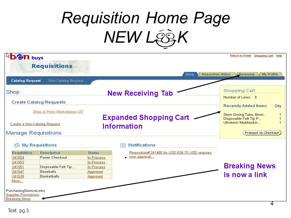 4 Requisition Home Page NEW L K Text: pg.3 Breaking News is now a link New Receiving Tab Expanded Shopping Cart Information