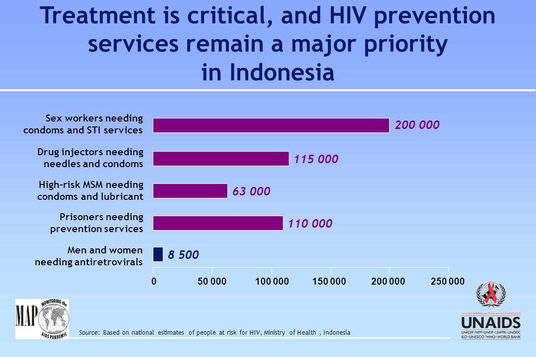 Men and women needing antiretrovirals Prisoners needing prevention services High-risk MSM needing condoms and lubricant Drug injectors needing needles and condoms Sex workers needing condoms and STI services Source: Based on national estimates of people at risk for HIV, Ministry of Health, Indonesia Treatment is critical, and HIV prevention services remain a major priority in Indonesia