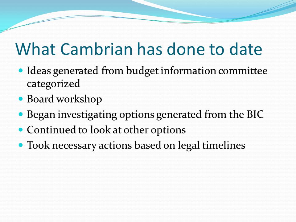What Cambrian has done to date Ideas generated from budget information committee categorized Board workshop Began investigating options generated from the BIC Continued to look at other options Took necessary actions based on legal timelines