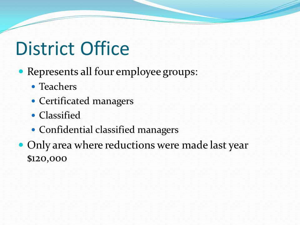 District Office Represents all four employee groups: Teachers Certificated managers Classified Confidential classified managers Only area where reductions were made last year $120,000