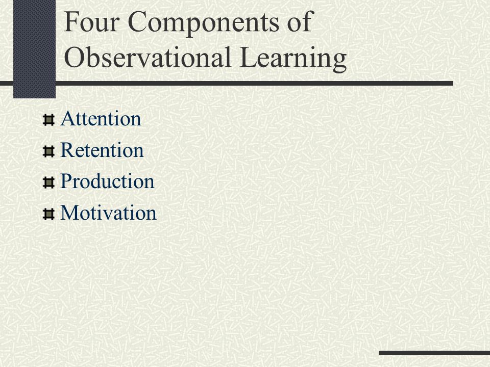 Four Components of Observational Learning Attention Retention Production Motivation