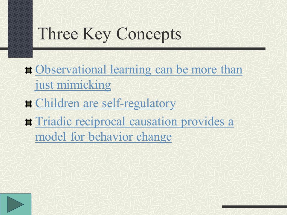 Three Key Concepts Observational learning can be more than just mimicking Children are self-regulatory Triadic reciprocal causation provides a model for behavior change