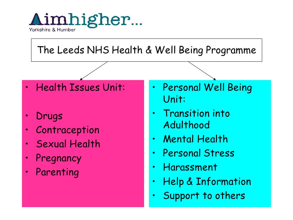 Health Issues Unit: Drugs Contraception Sexual Health Pregnancy Parenting Personal Well Being Unit: Transition into Adulthood Mental Health Personal Stress Harassment Help & Information Support to others The Leeds NHS Health & Well Being Programme