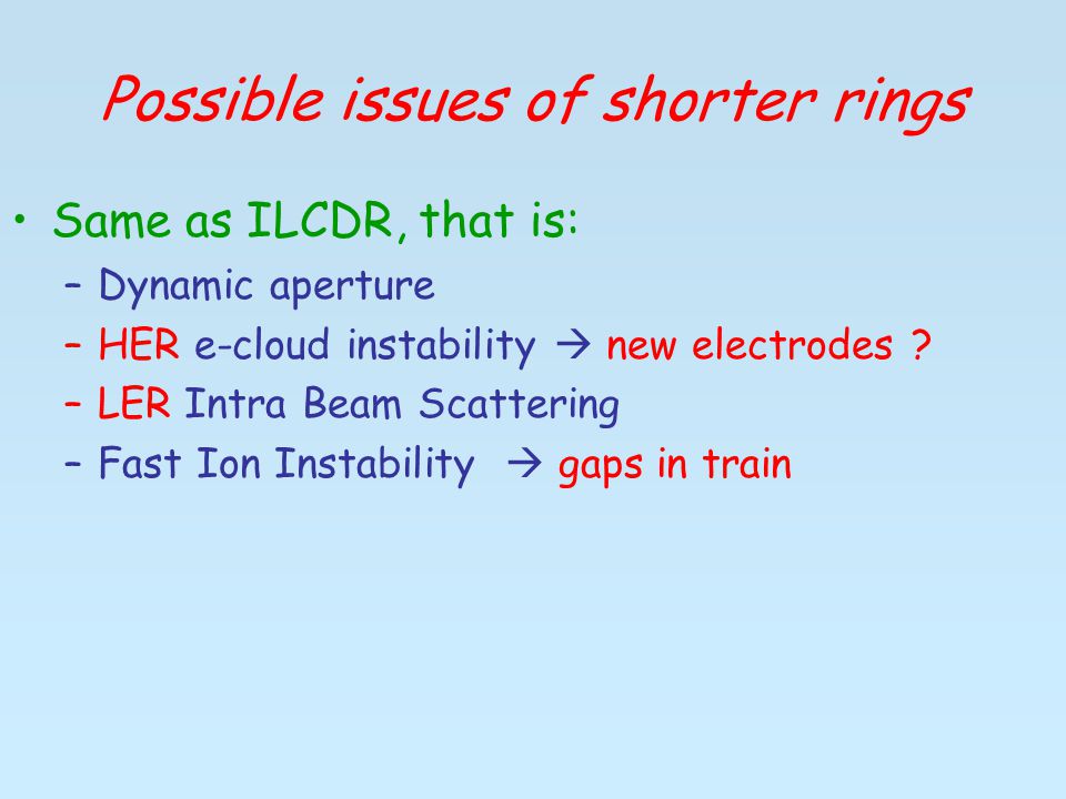 Possible issues of shorter rings Same as ILCDR, that is: –Dynamic aperture –HER e-cloud instability  new electrodes .