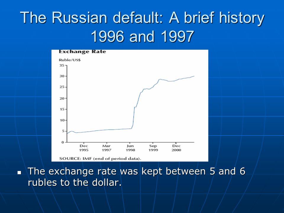 The Russian default: A brief history 1996 and 1997 The exchange rate was kept between 5 and 6 rubles to the dollar.