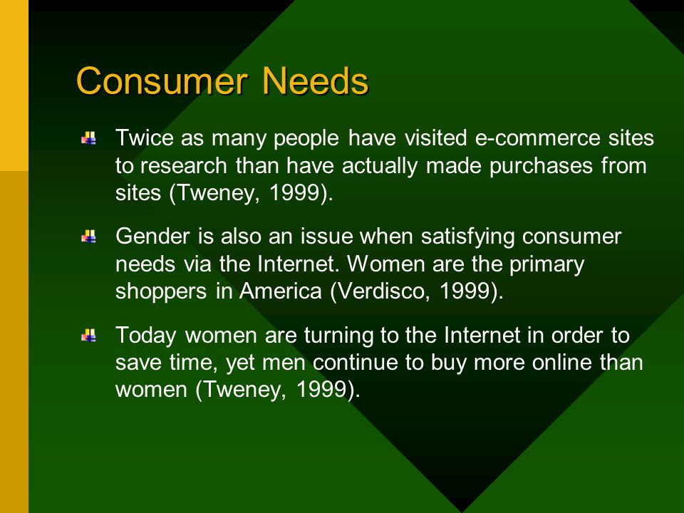 Consumer Needs Twice as many people have visited e-commerce sites to research than have actually made purchases from sites (Tweney, 1999).