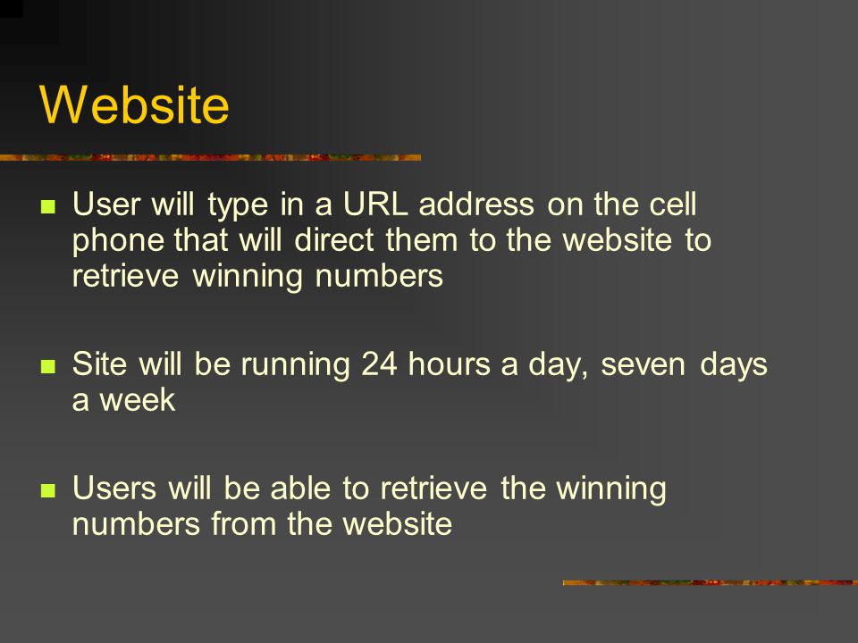 Website User will type in a URL address on the cell phone that will direct them to the website to retrieve winning numbers Site will be running 24 hours a day, seven days a week Users will be able to retrieve the winning numbers from the website