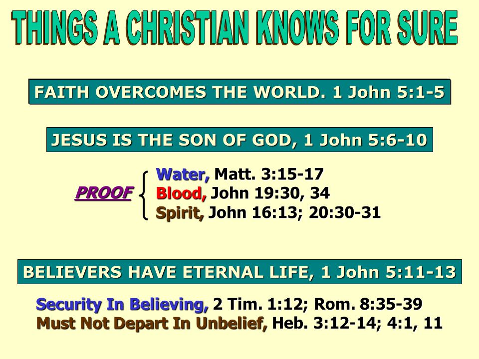 FAITH OVERCOMES THE WORLD. 1 John 5:1-5 JESUS IS THE SON OF GOD, 1 John 5:6-10 Water, Matt.