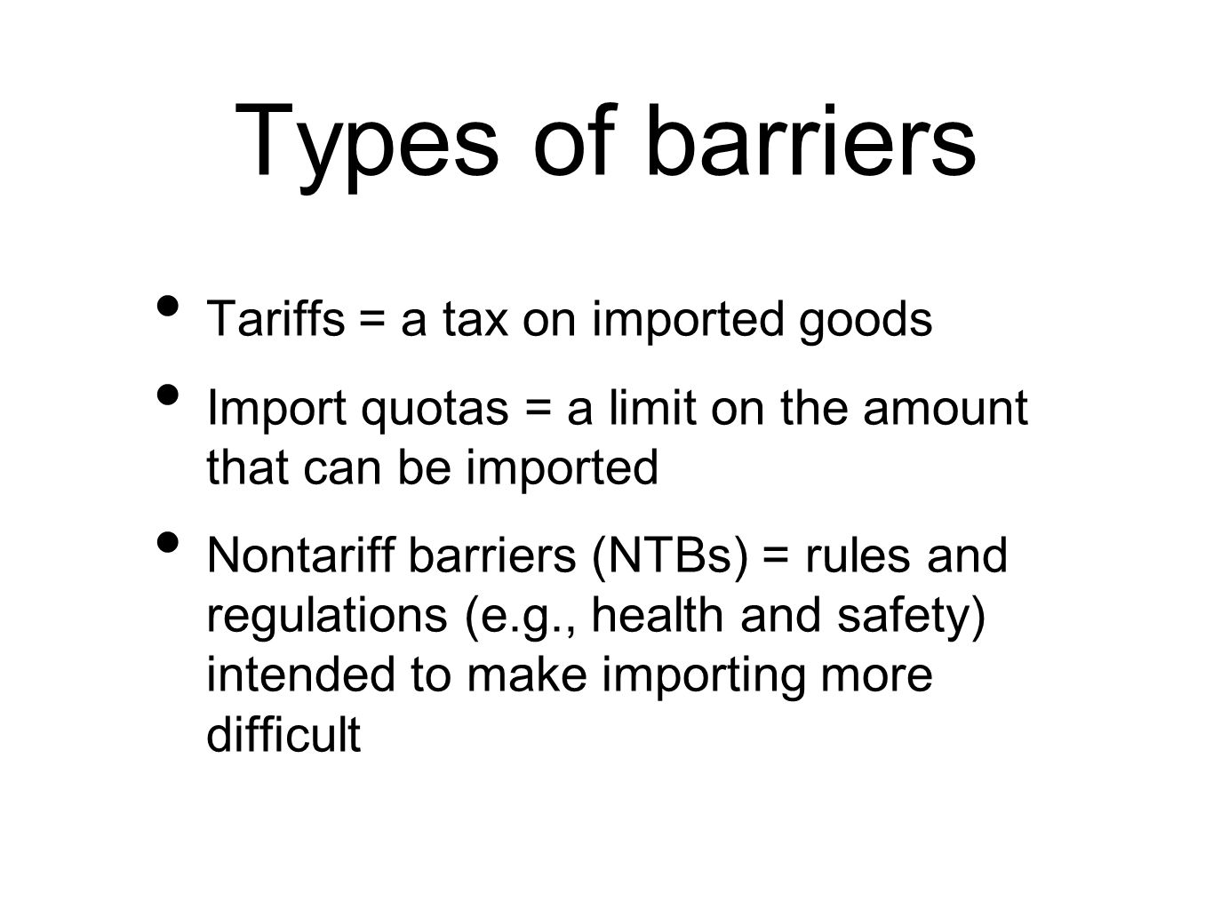 trade barriers regulation Trade barriers increase production costs, raise the cost foreign goods and services, reduce global economic growth and create trade wars. trade barriers regulation Trade barriers increase production costs, raise the cost foreign goods and services, reduce global economic growth and create trade wars.