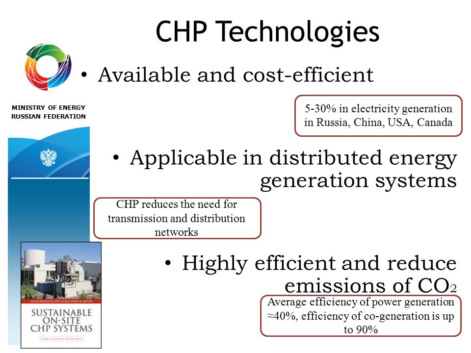 MINISTRY OF ENERGY RUSSIAN FEDERATION CHP Technologies Available and cost-efficient Applicable in distributed energy generation systems Highly efficient and reduce emissions of CO % in electricity generation in Russia, China, USA, Canada CHP reduces the need for transmission and distribution networks Average efficiency of power generation ≈40%, efficiency of co-generation is up to 90%