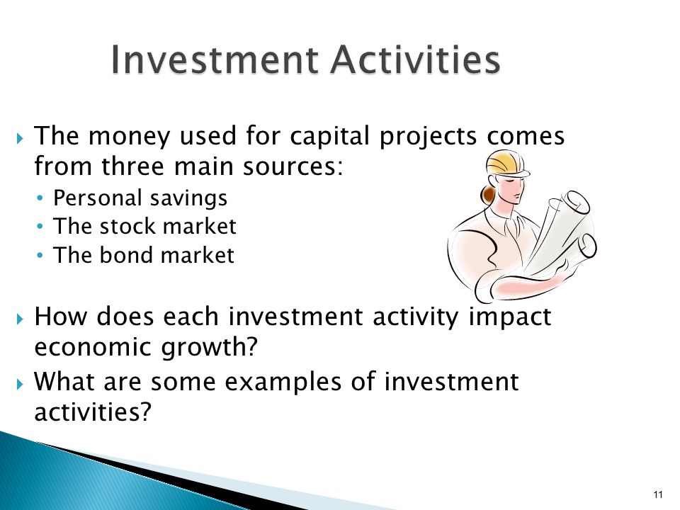 11 Investment Activities  The money used for capital projects comes from three main sources: Personal savings The stock market The bond market  How does each investment activity impact economic growth.