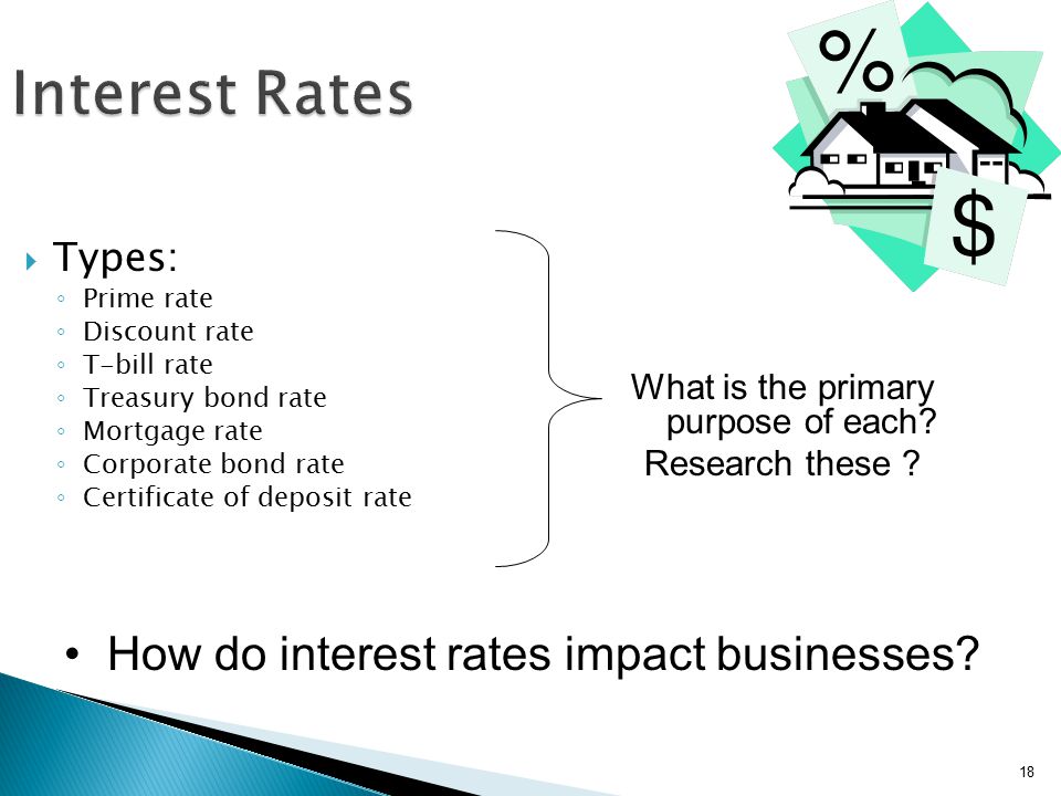 18 Interest Rates  Types: ◦ Prime rate ◦ Discount rate ◦ T-bill rate ◦ Treasury bond rate ◦ Mortgage rate ◦ Corporate bond rate ◦ Certificate of deposit rate What is the primary purpose of each.