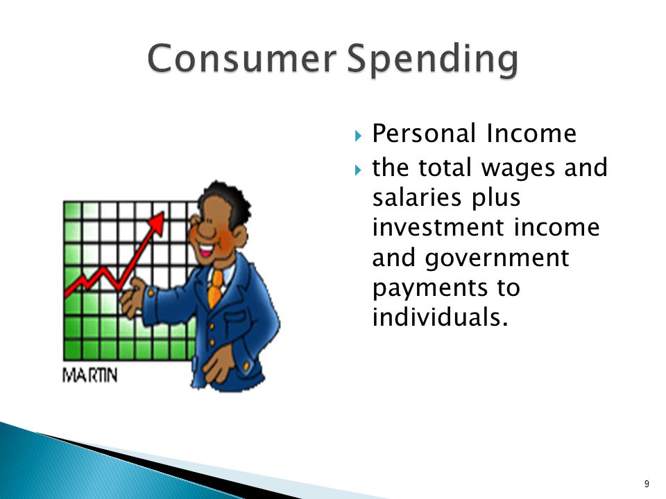  Personal Income  the total wages and salaries plus investment income and government payments to individuals.