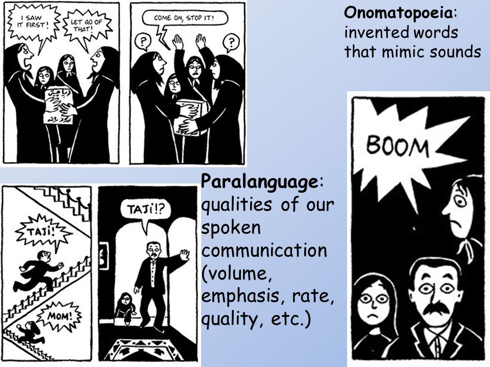 Paralanguage: qualities of our spoken communication (volume, emphasis, rate, quality, etc.) Onomatopoeia: invented words that mimic sounds