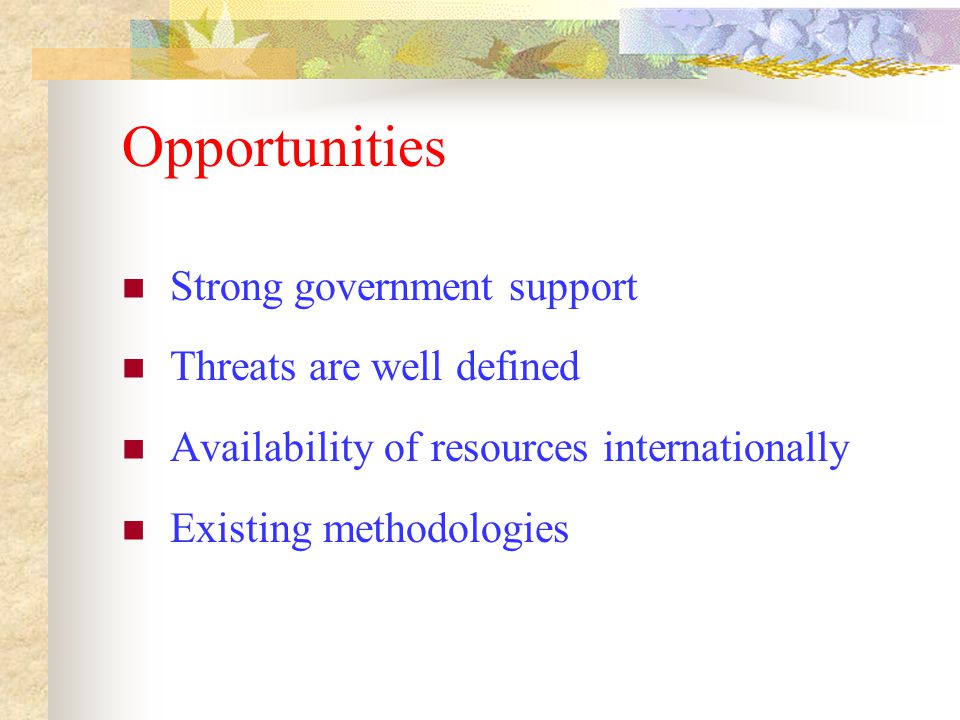 Opportunities Strong government support Threats are well defined Availability of resources internationally Existing methodologies
