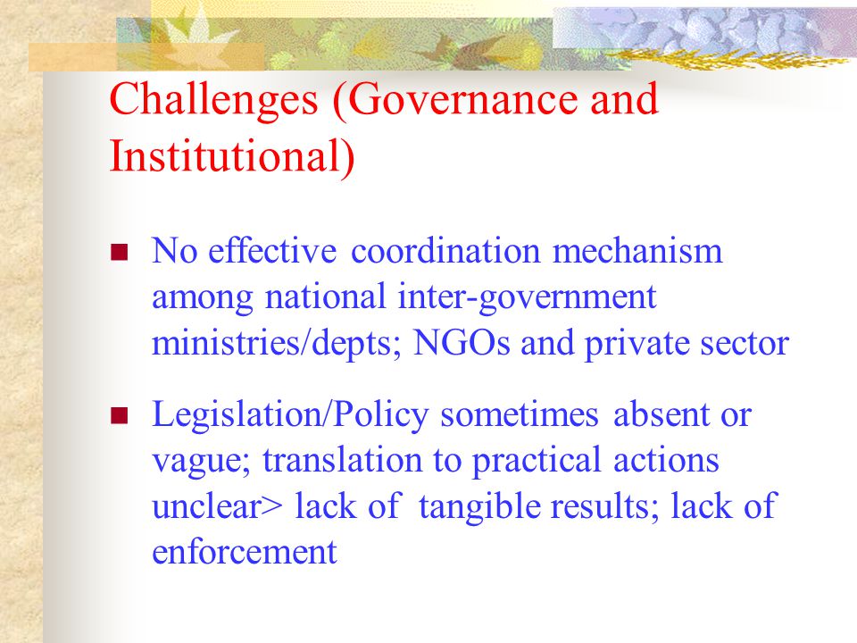 Challenges (Governance and Institutional) No effective coordination mechanism among national inter-government ministries/depts; NGOs and private sector Legislation/Policy sometimes absent or vague; translation to practical actions unclear> lack of tangible results; lack of enforcement