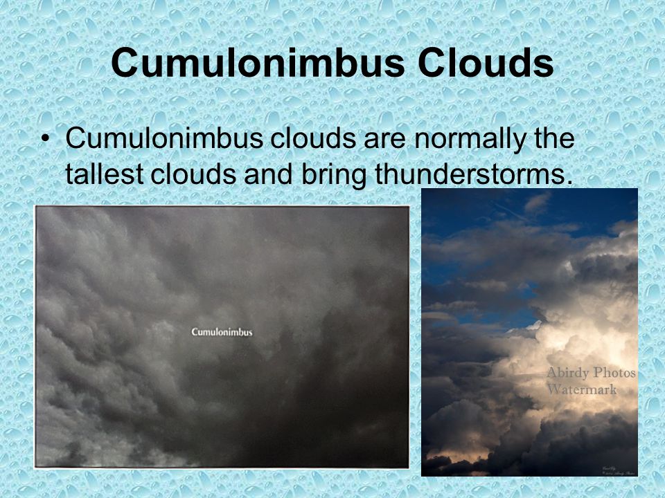 Cumulonimbus Clouds Cumulonimbus clouds are normally the tallest clouds and bring thunderstorms.