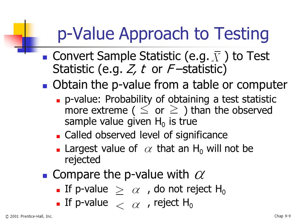 © 2001 Prentice-Hall, Inc. Chap 9-9 p-Value Approach to Testing Convert Sample Statistic (e.g.