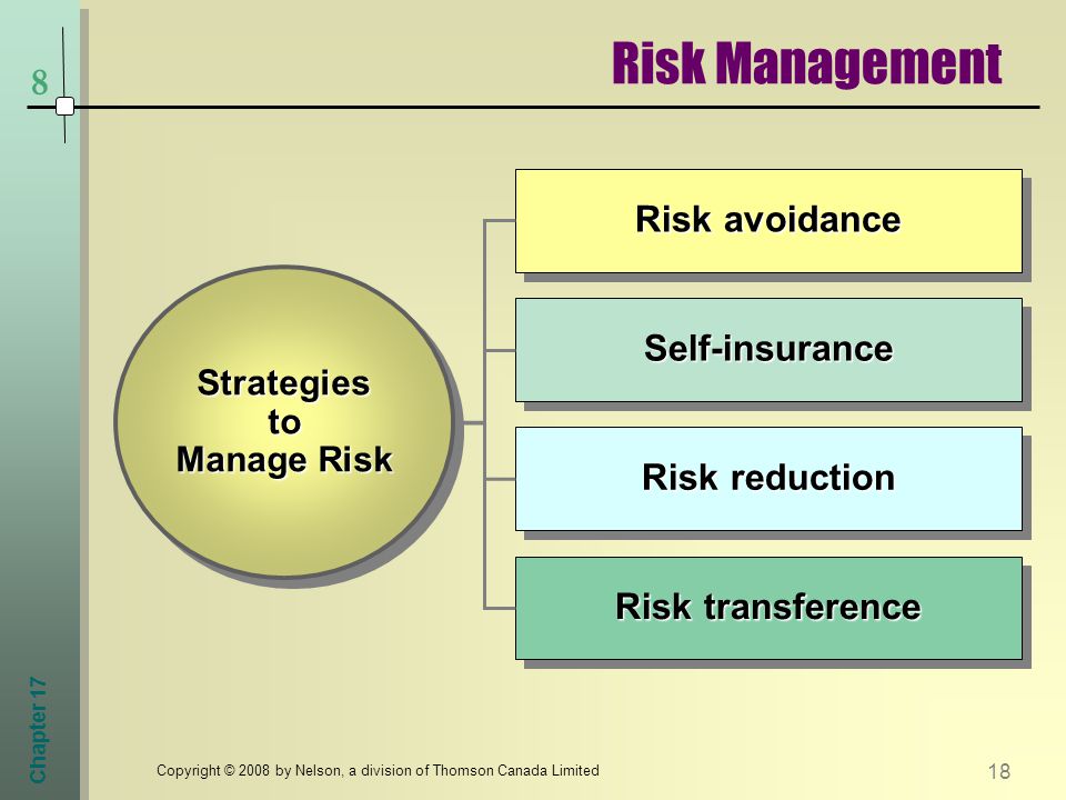 Chapter Copyright © 2008 by Nelson, a division of Thomson Canada Limited Strategies to Manage Risk Risk reduction Risk avoidance Self-insuranceSelf-insurance Risk transference Risk Management 8