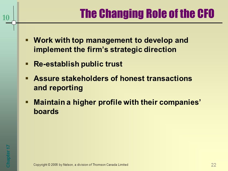 Chapter Copyright © 2008 by Nelson, a division of Thomson Canada Limited  Work with top management to develop and implement the firm’s strategic direction  Re-establish public trust  Assure stakeholders of honest transactions and reporting  Maintain a higher profile with their companies’ boards The Changing Role of the CFO 10