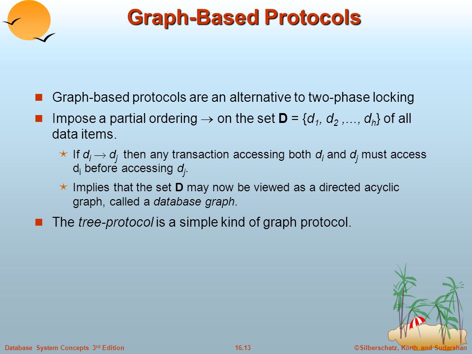 ©Silberschatz, Korth and Sudarshan16.13Database System Concepts 3 rd Edition Graph-Based Protocols Graph-based protocols are an alternative to two-phase locking Impose a partial ordering  on the set D = {d 1, d 2,..., d h } of all data items.