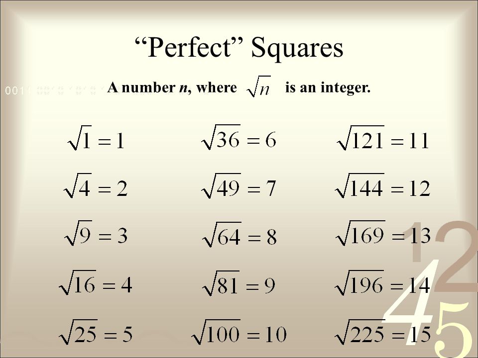 Perfect Squares A number n, where is an integer.