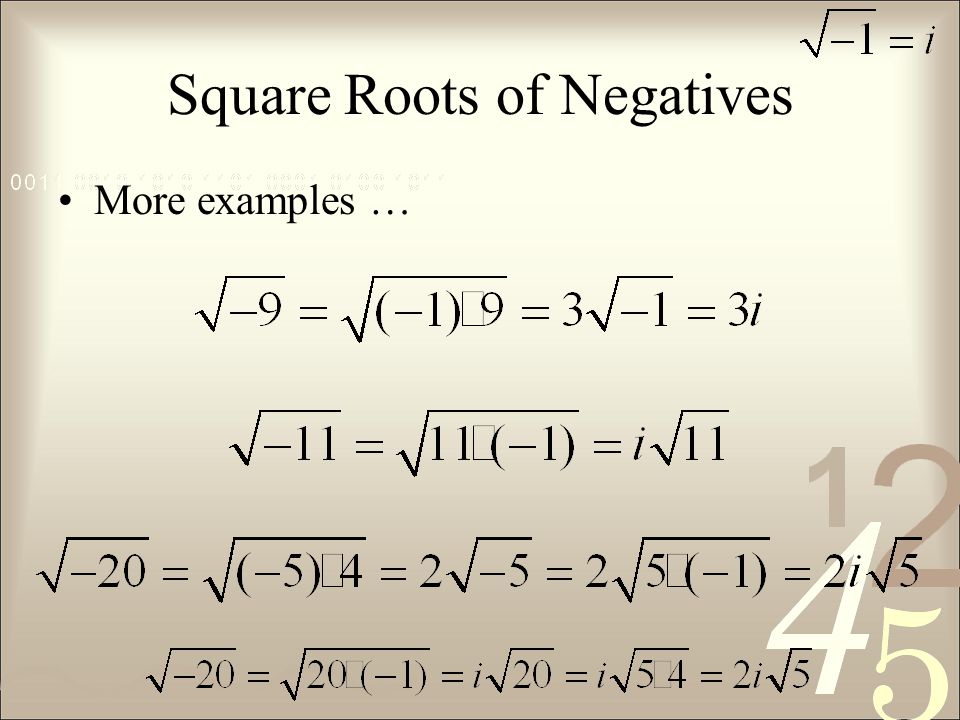 Square Roots of Negatives More examples …