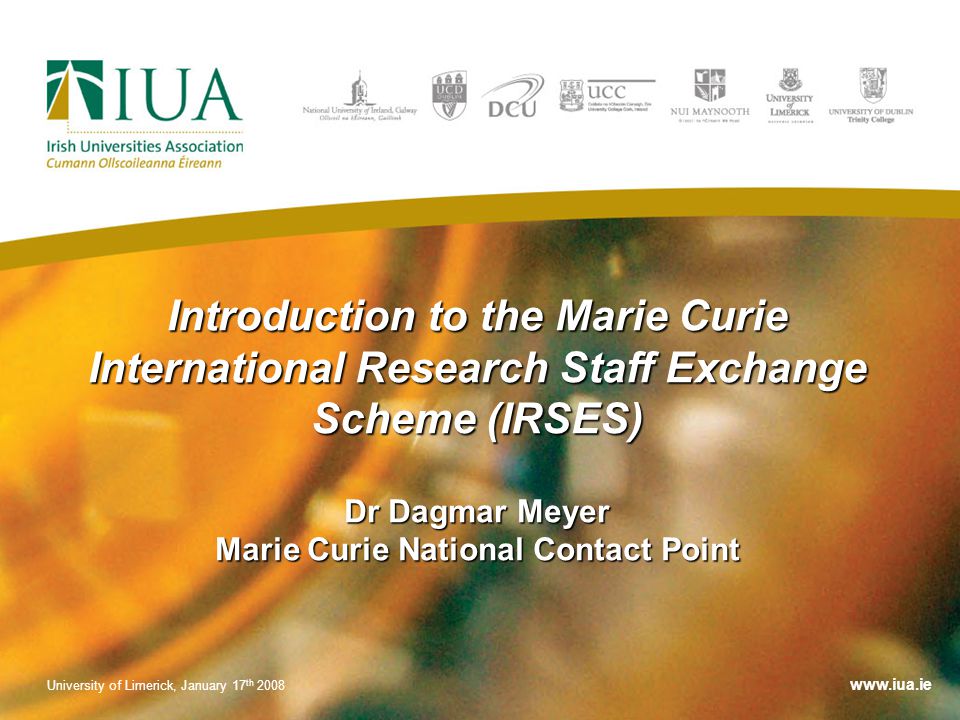 Introduction to the Marie Curie International Research Staff Exchange Scheme (IRSES) Dr Dagmar Meyer Marie Curie National Contact Point University of Limerick, January 17 th